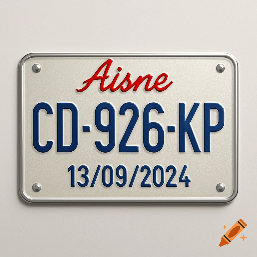 A modern French license plate for the Aisne department, featuring 'Aisne' in red cursive, 'CD-926-KP' and the date '13/09/2024' in blue.