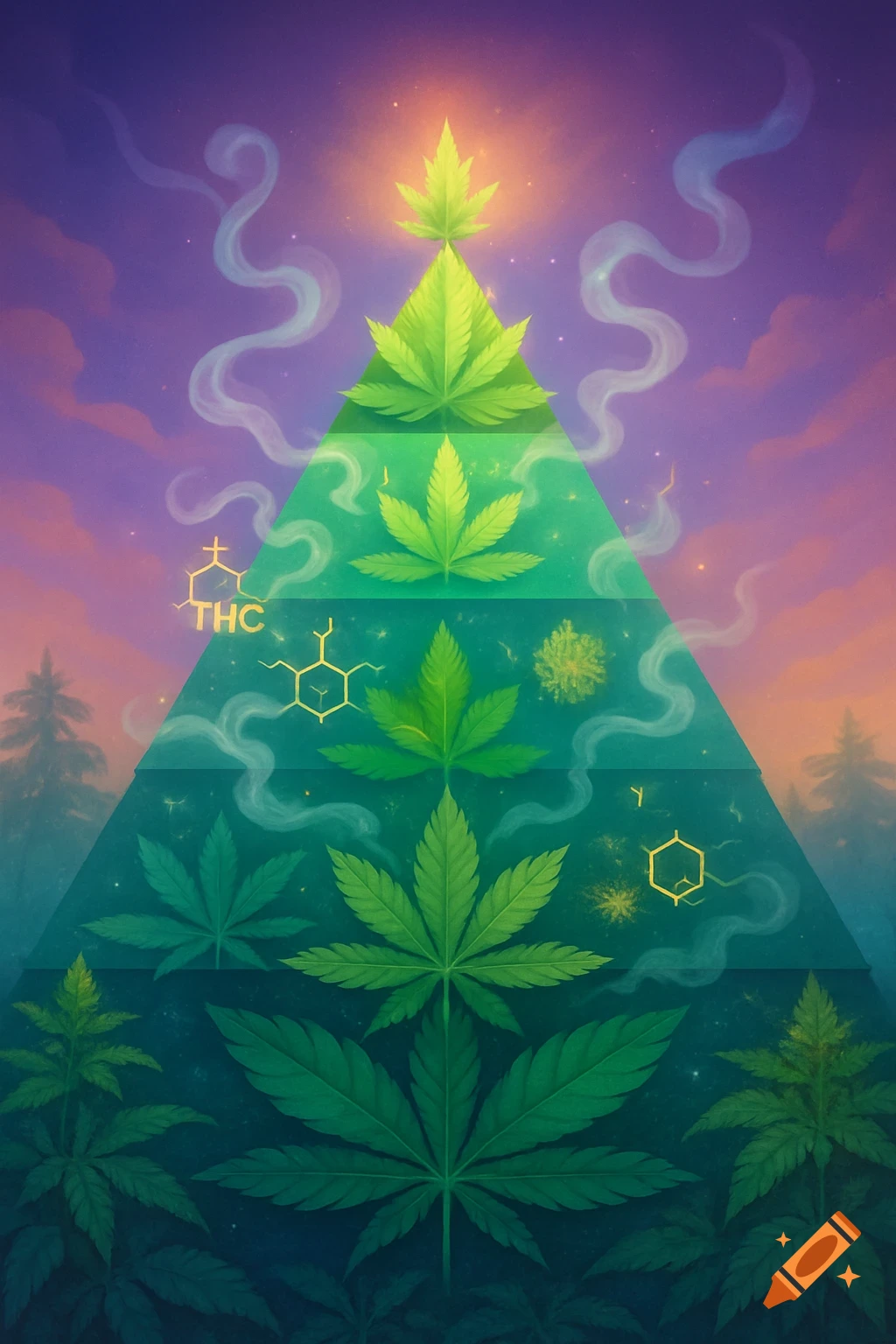 A stylized illustration of a pyramid formed by cannabis leaves, with the chemical structure for THC and wisps of smoke, against a purple and orange sky.