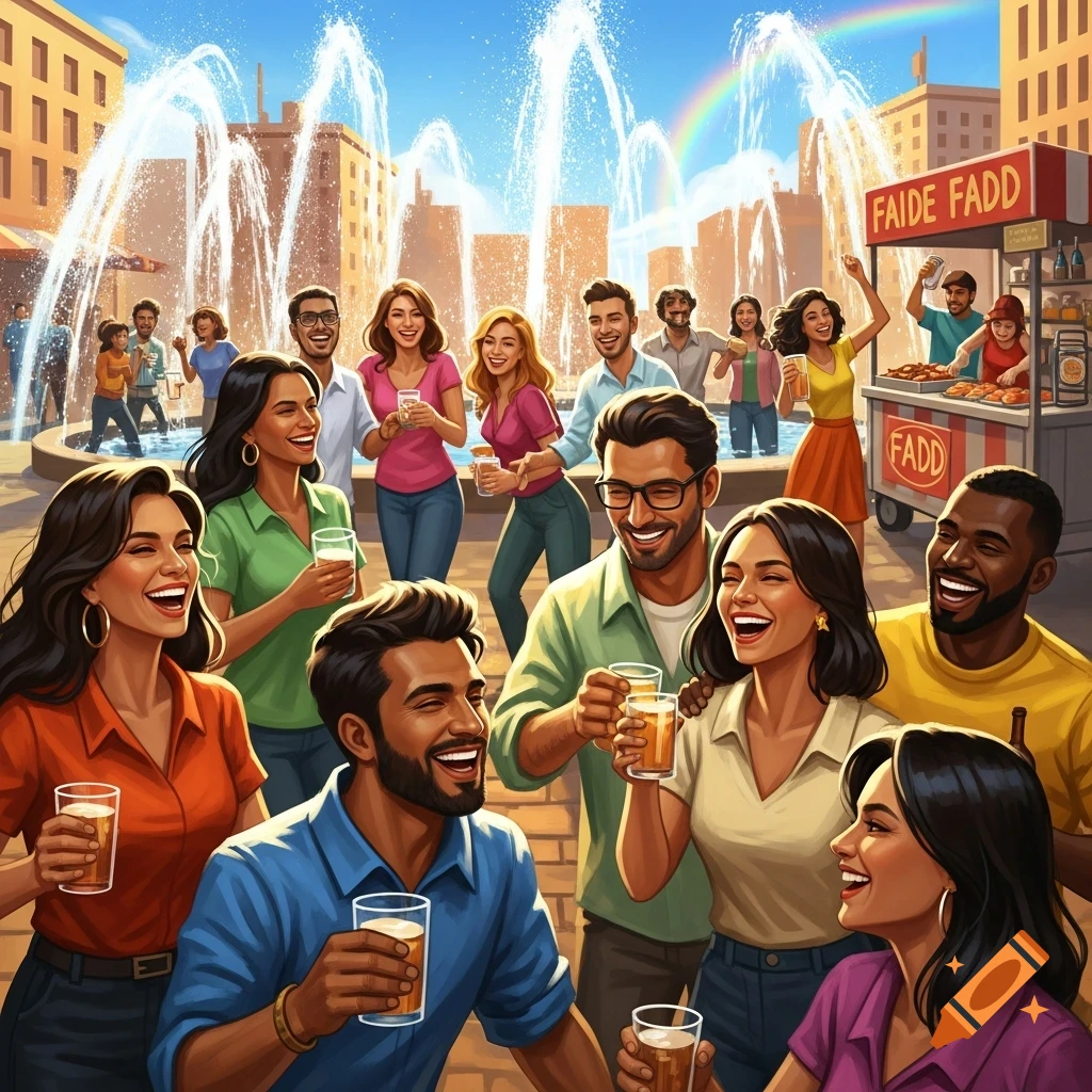 A vibrant illustration of a diverse group of happy people laughing and holding drinks in a sunny city square with fountains, buildings, a food stall, and a rainbow.