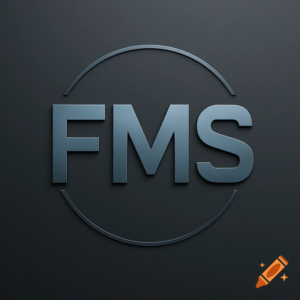 A metallic FMS logo set against a dark gray background, featuring a ...