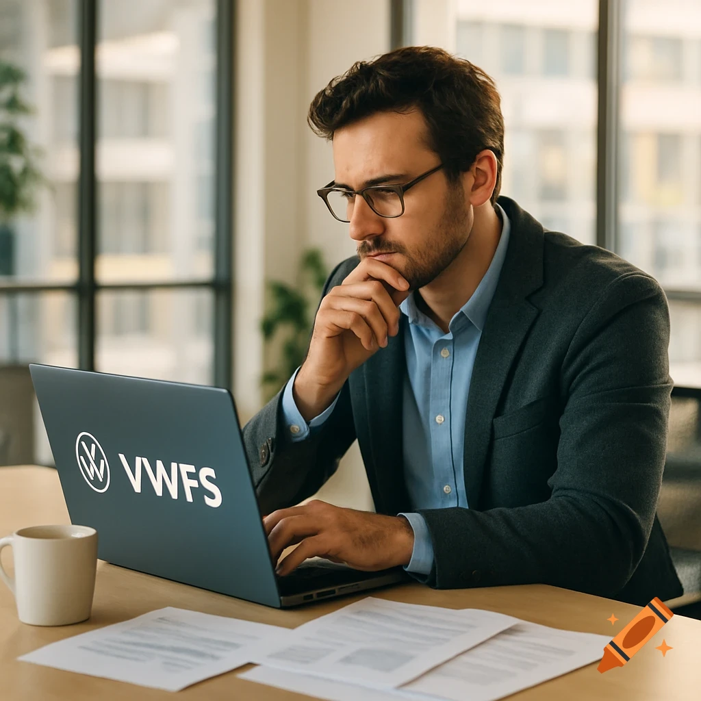 A man with glasses intently working on a laptop with a VWFS logo in a modern office.