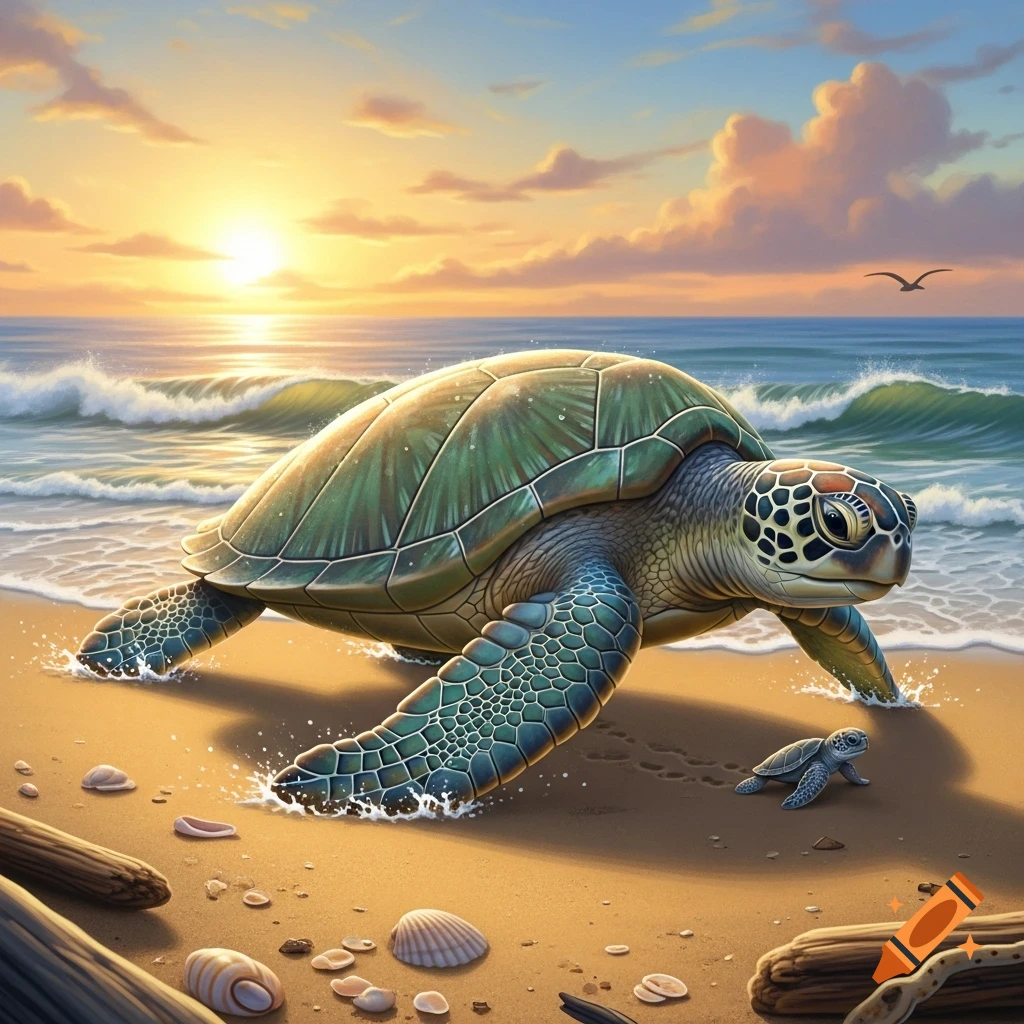 A large sea turtle and a baby turtle crawl across a sandy beach towards the ocean at sunset.