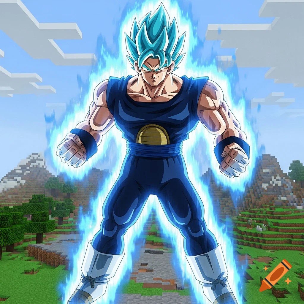 A powerful anime character, resembling Vegeta from Dragon Ball, with spiky blue hair and a glowing blue aura, stands in a blocky Minecraft landscape.