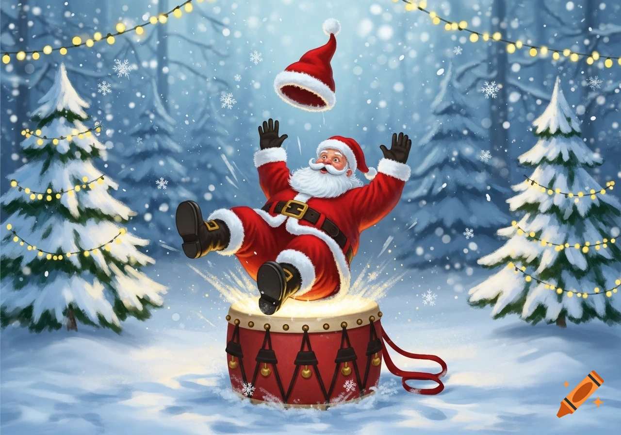 Jolly Santa Claus falls into a red drum in a snowy winter forest with decorated pine trees, illustration.