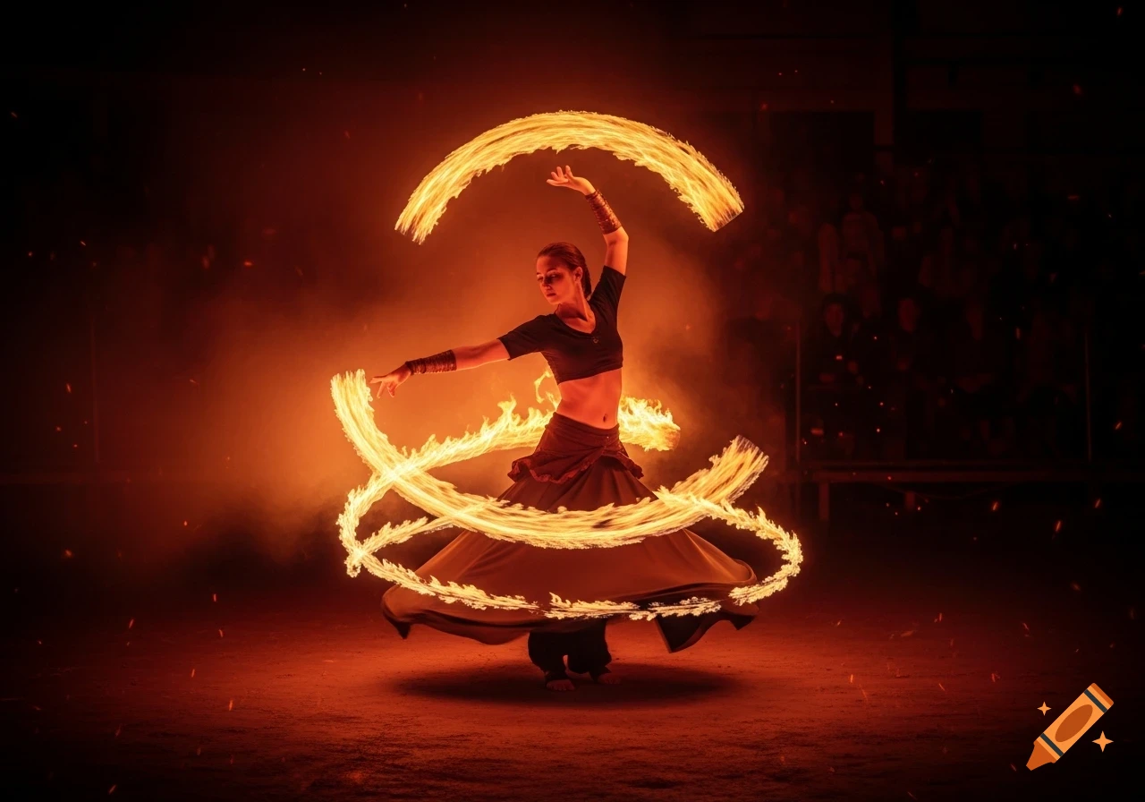 A woman fire dancer gracefully spins flaming props in a dark, warm-lit ...