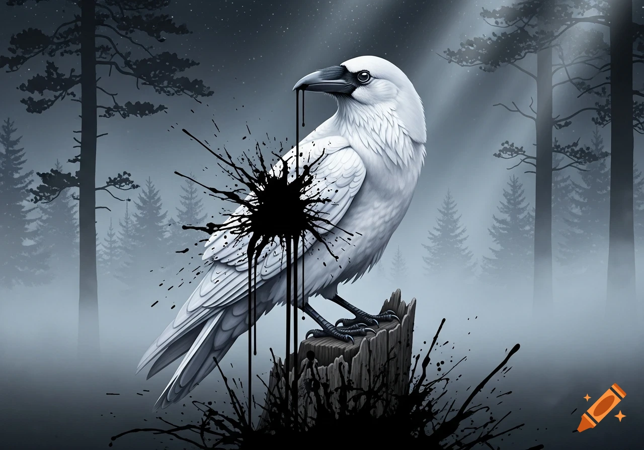 A stylized white raven, splattered with black ink, perches on a tree stump in a dark, foggy forest.