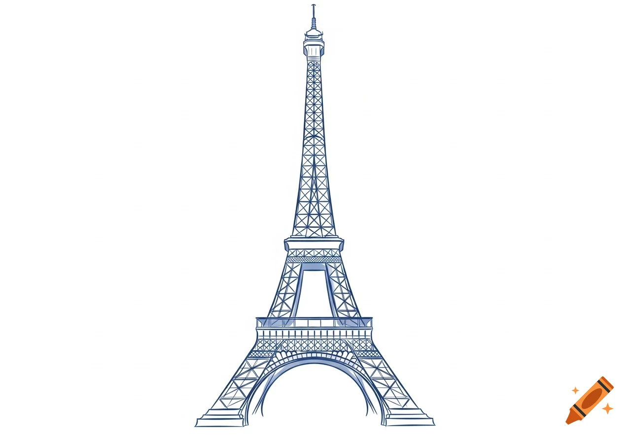A minimalist blue ink sketch of the Eiffel Tower on a white background.