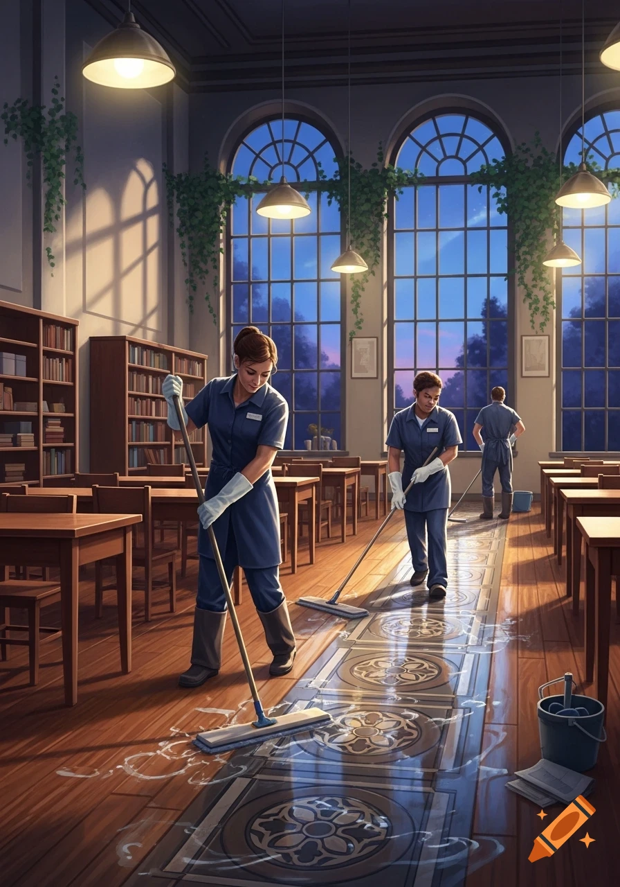 Three custodians mop the patterned wooden floor of a grand library with tall windows and bookshelves, lit by hanging lamps.