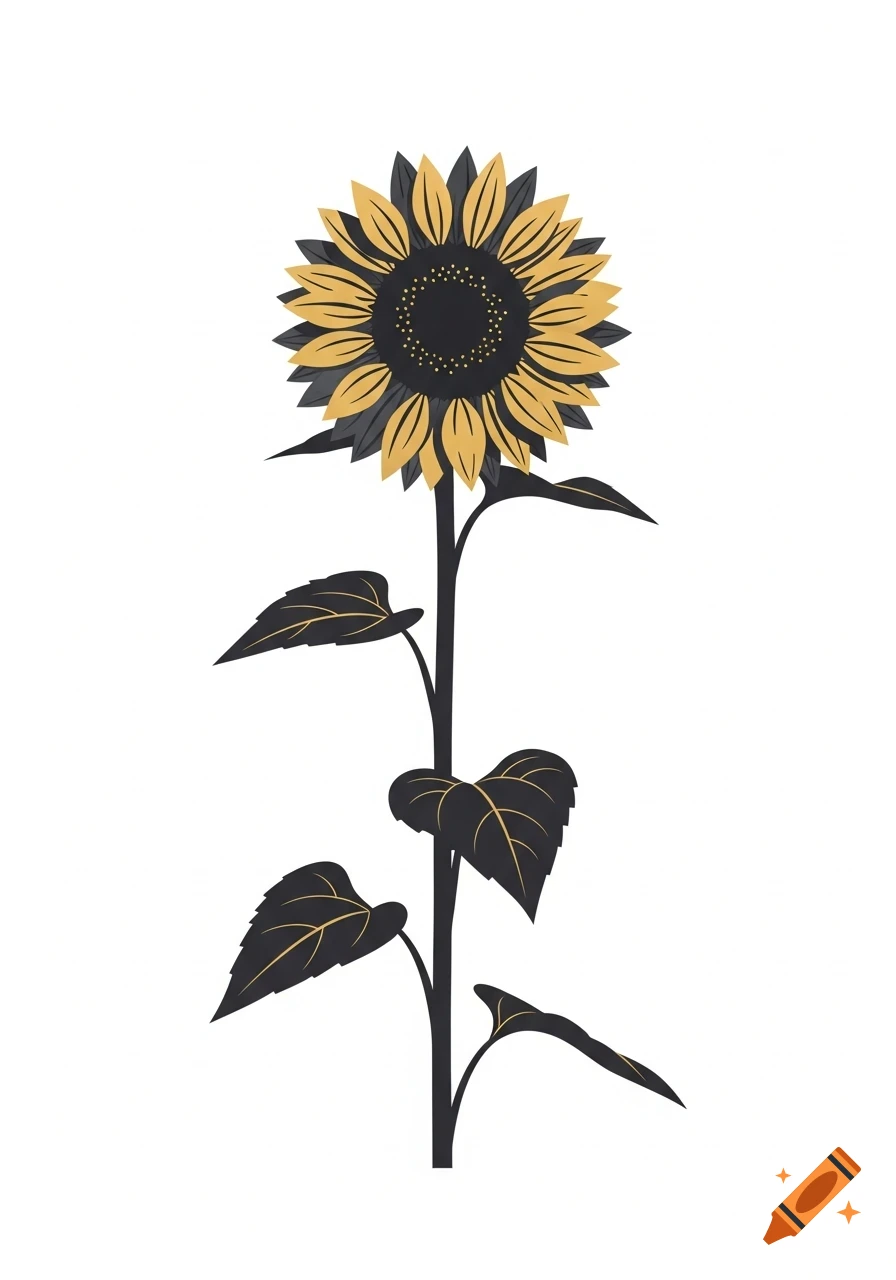 Minimalist illustration of a black and gold sunflower with a tall stem and leaves on a white background.