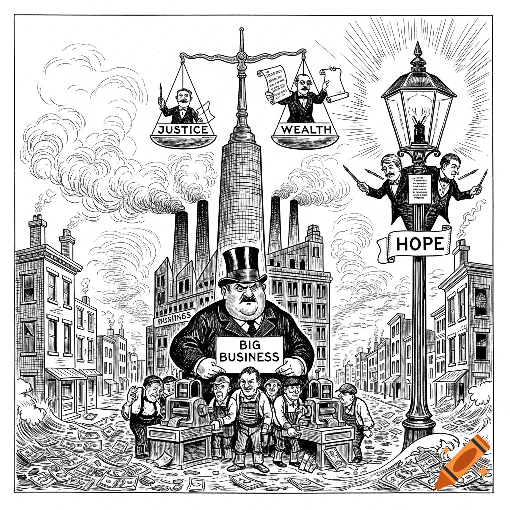 A black and white political cartoon in 1900s style, showing "Big Business" dominating, with scales of "Justice" outweighed by "Wealth." Workers toil, money litters the street, and "Hope" is depicted as a faint light with figures holding illegible signs.