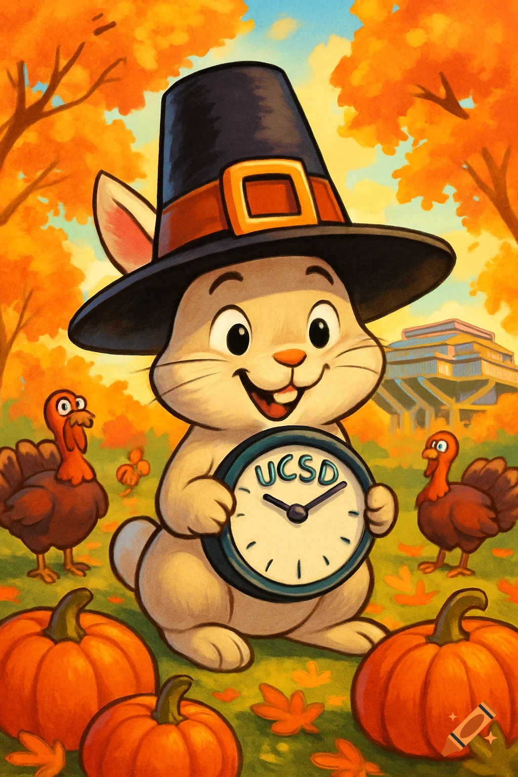 A cartoon bunny in a pilgrim hat holds a clock with "UCSD" text amidst pumpkins, autumn leaves, and turkeys, with a university building in the background.