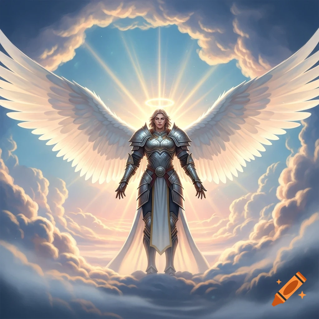 A powerful angelic figure in shining armor with large white wings, a halo, and radiating light stands among clouds in a bright sky.