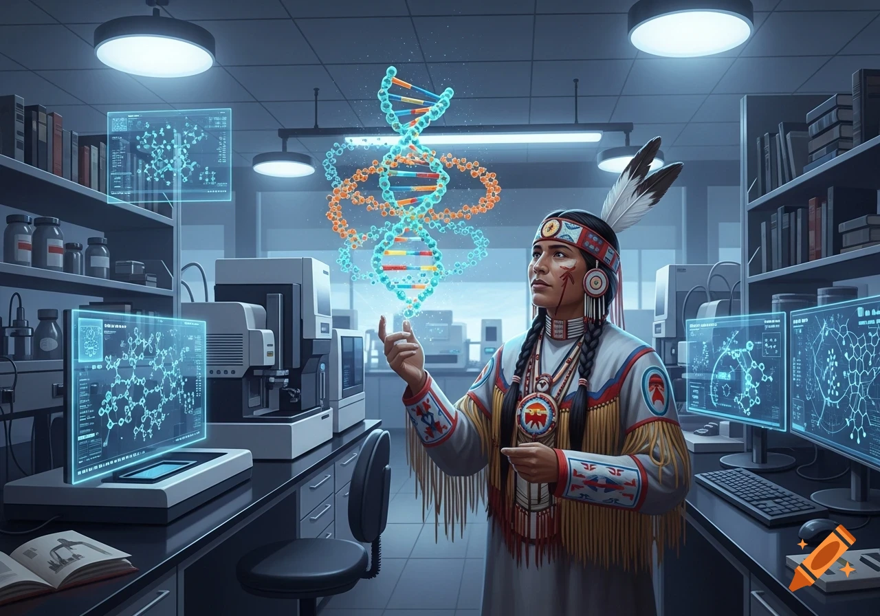 An indigenous researcher in traditional attire observes a glowing holographic DNA strand in a futuristic science laboratory with glowing screens.