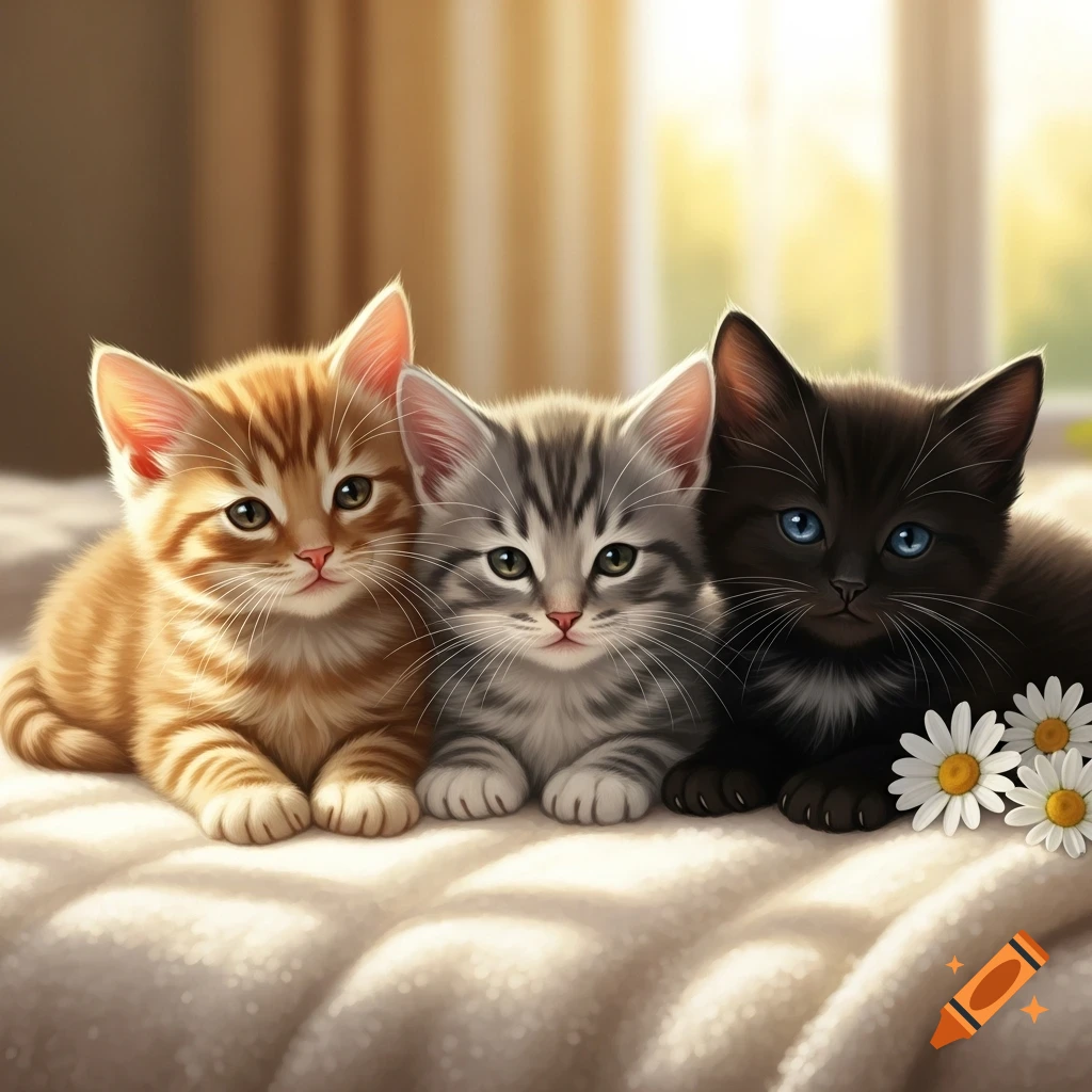 Three cute kittens, one ginger, one tabby, and one black with blue eyes, lie on a white blanket in a sunny room.