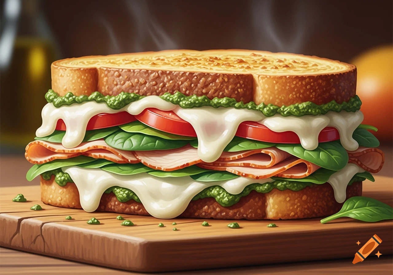 A thick grilled cheese sandwich with melted mozzarella, creamy pesto, roasted turkey, fresh spinach, and sliced tomatoes on sourdough bread, served on a wooden board.