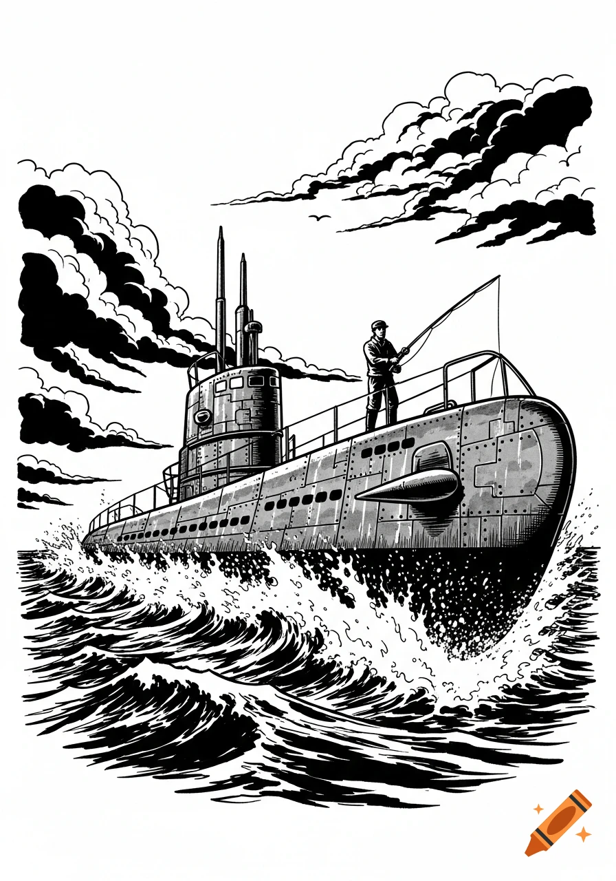 A black and white clipart illustration shows a submarine emerging from waves, with a fisherman standing on its deck.