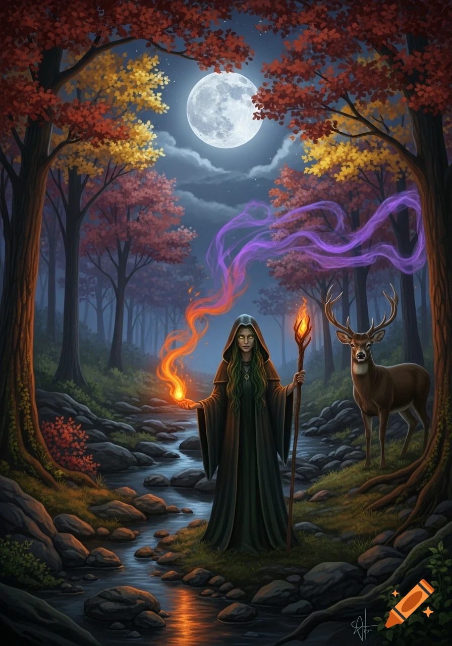 A forest witch with green hair holds fire and a glowing staff, casting purple magic by a moonlit creek in an autumn forest with a deer.