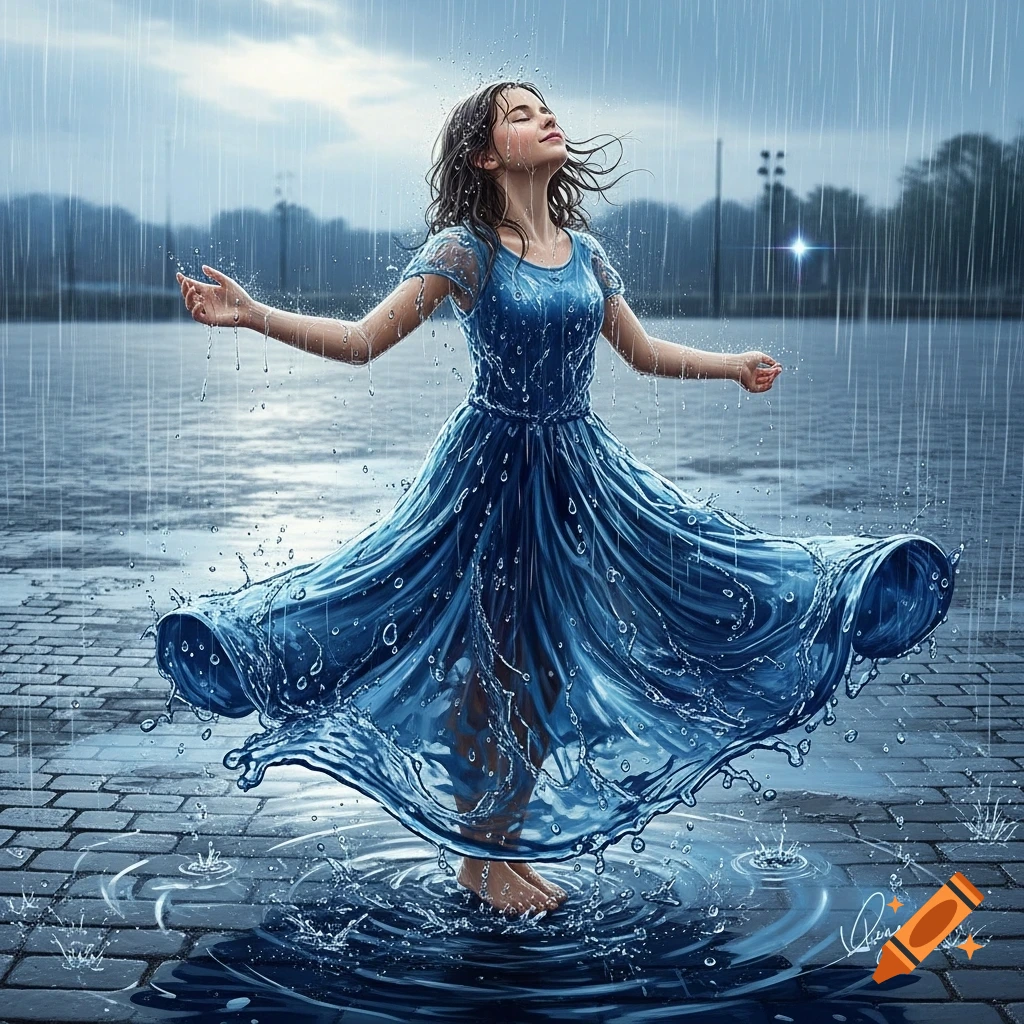 A girl with her eyes closed and arms outstretched dances barefoot in the rain, her blue dress appearing to be made of splashing water.