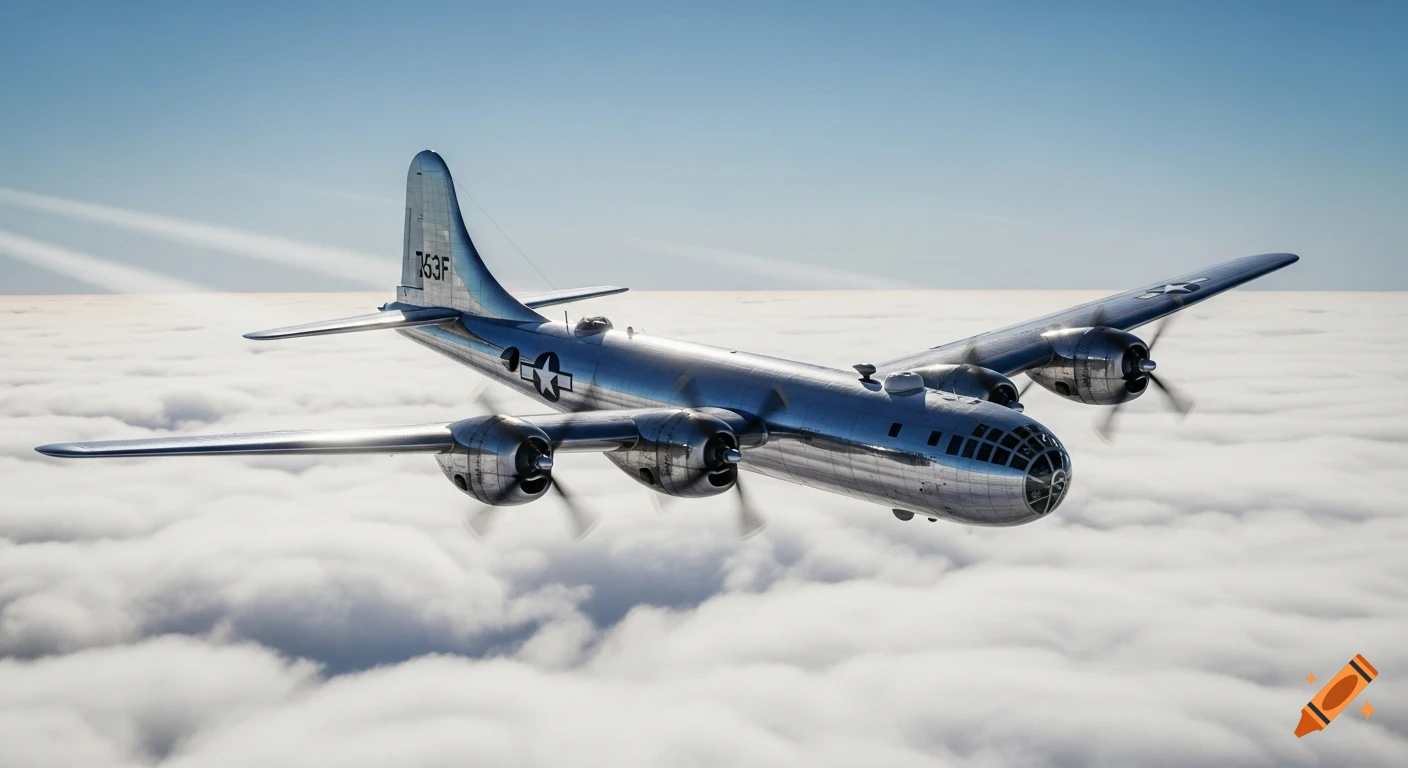 A silver Boeing B-29 Superfortress bomber flies high above white clouds under a clear blue sky, showing its four propellers.