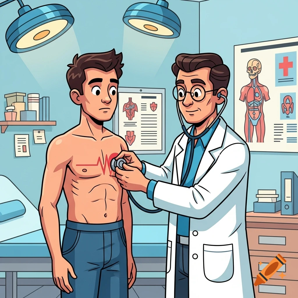 Cartoon of a doctor listening to a shirtless male patient's heart with a stethoscope in a medical examination room.