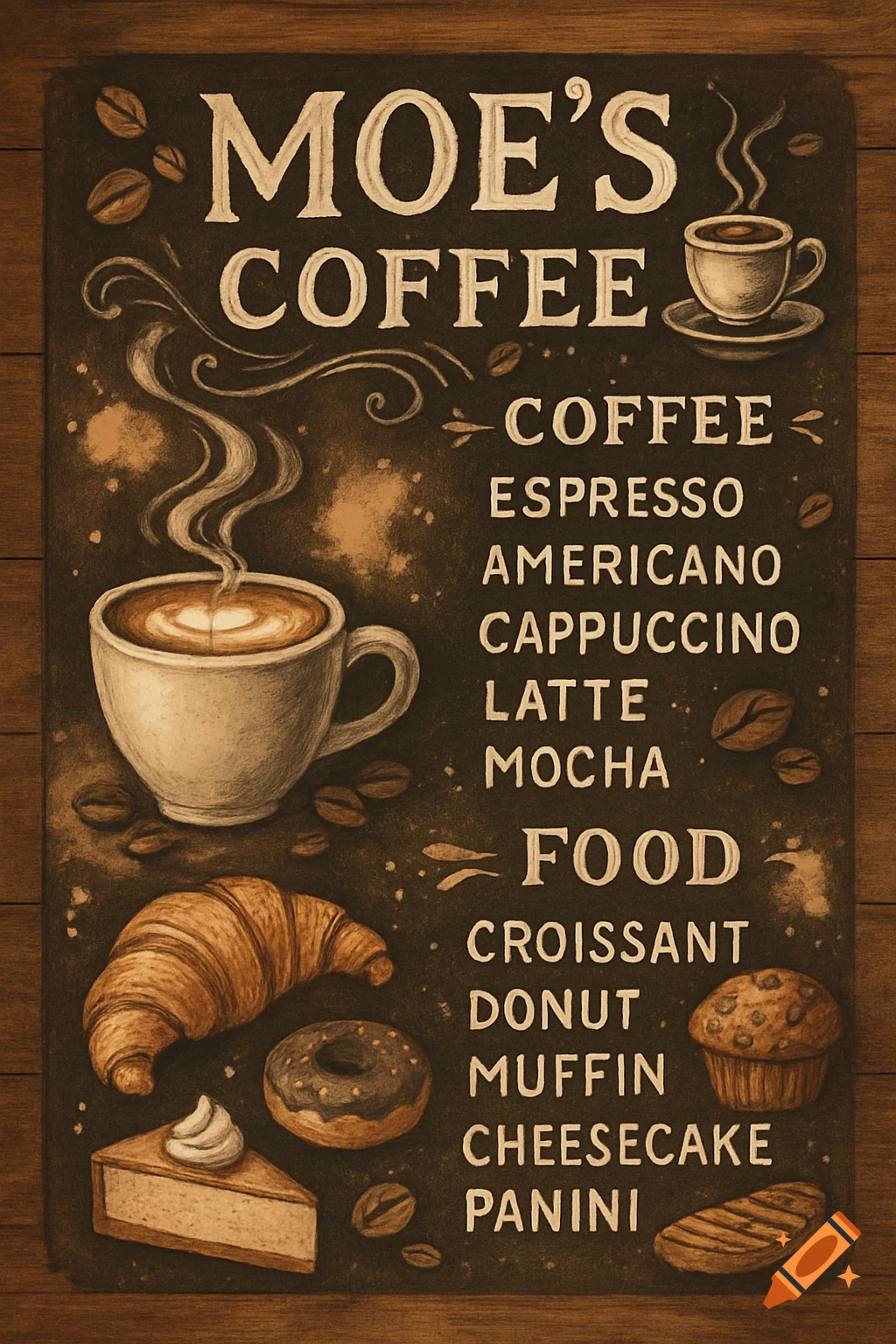 A vintage-style chalkboard menu for Moe's Coffee, featuring coffee drinks, a croissant, donut, muffin, cheesecake, and panini.