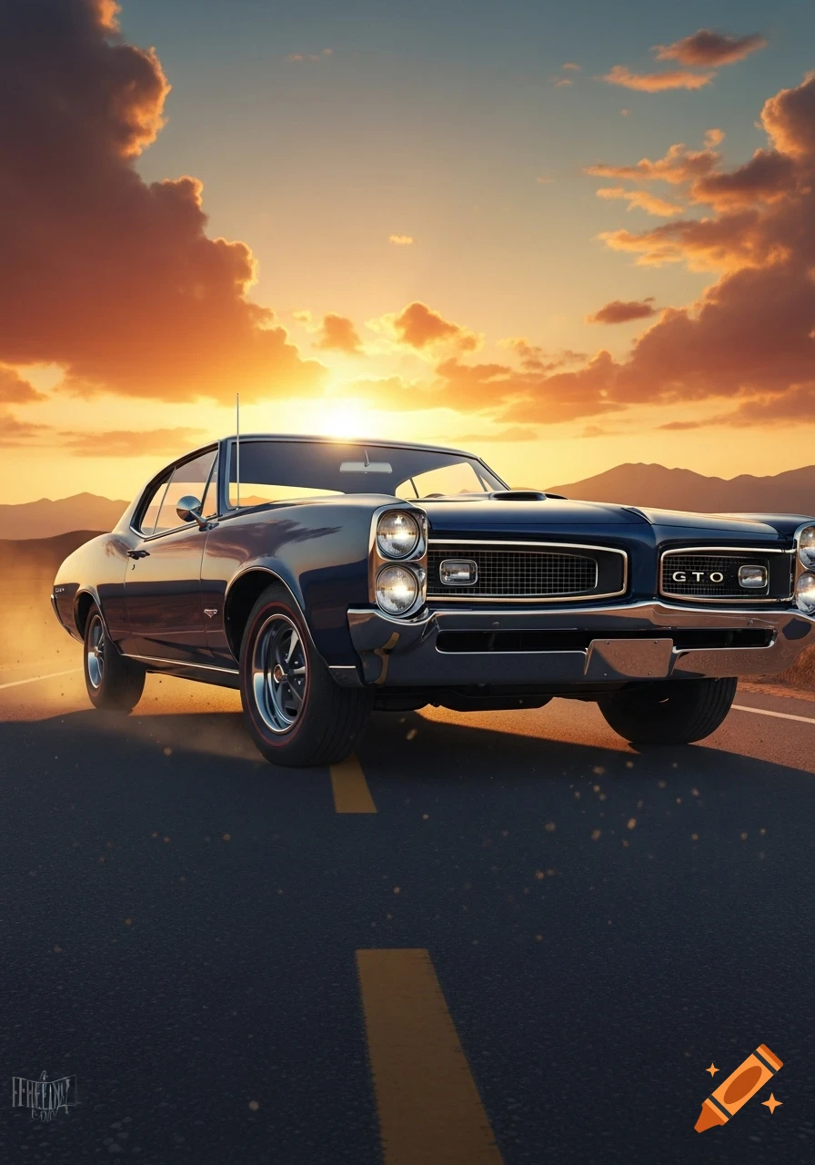 Dark blue Pontiac GTO classic car on a road at sunset with mountains, photorealistic.