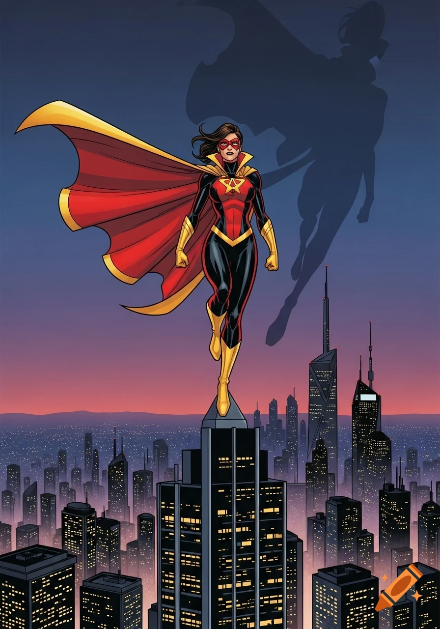 A comic book style female superhero in a red and gold suit with a cape stands on a skyscraper overlooking a city at dusk.
