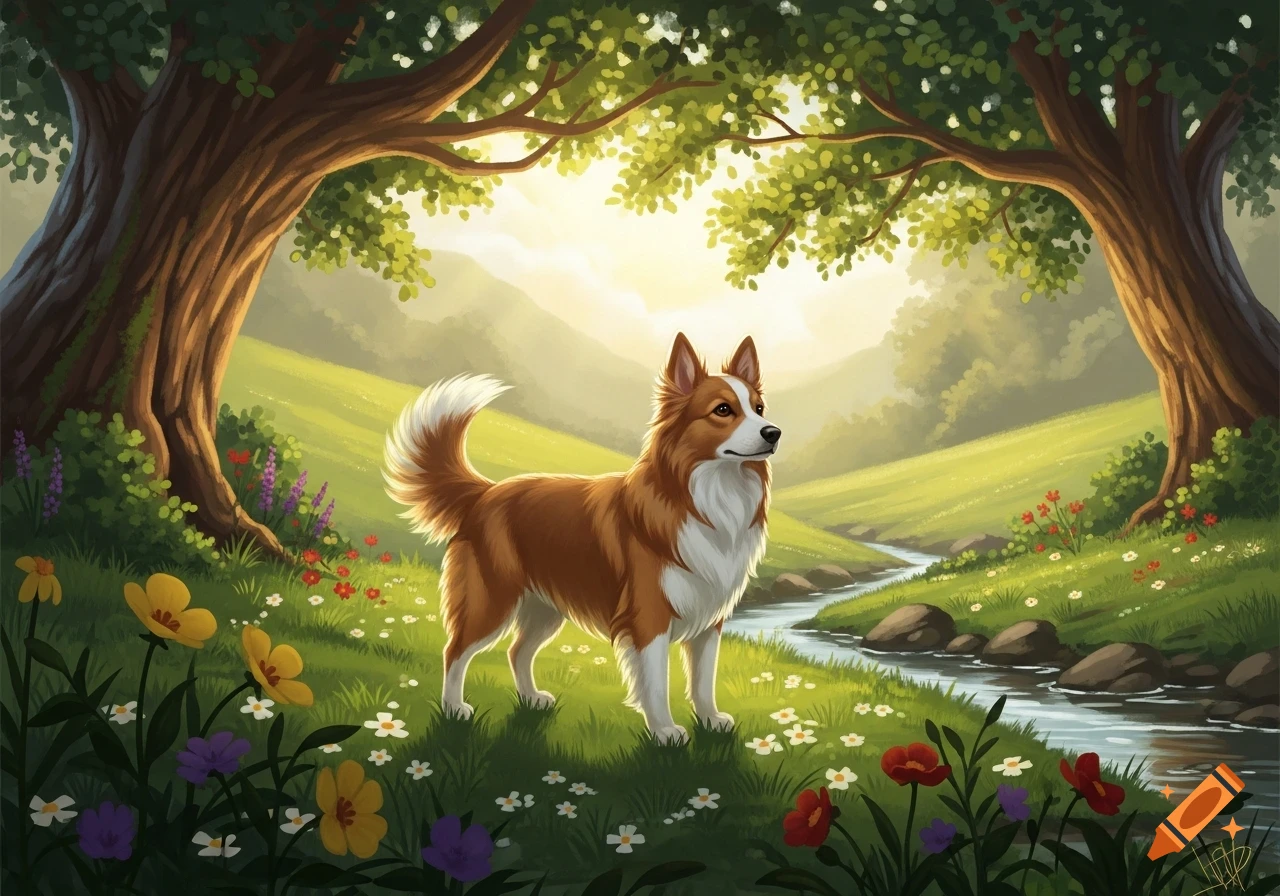 An illustration of a brown and white dog standing in a sun-dappled meadow beside a stream, surrounded by trees and colorful flowers.