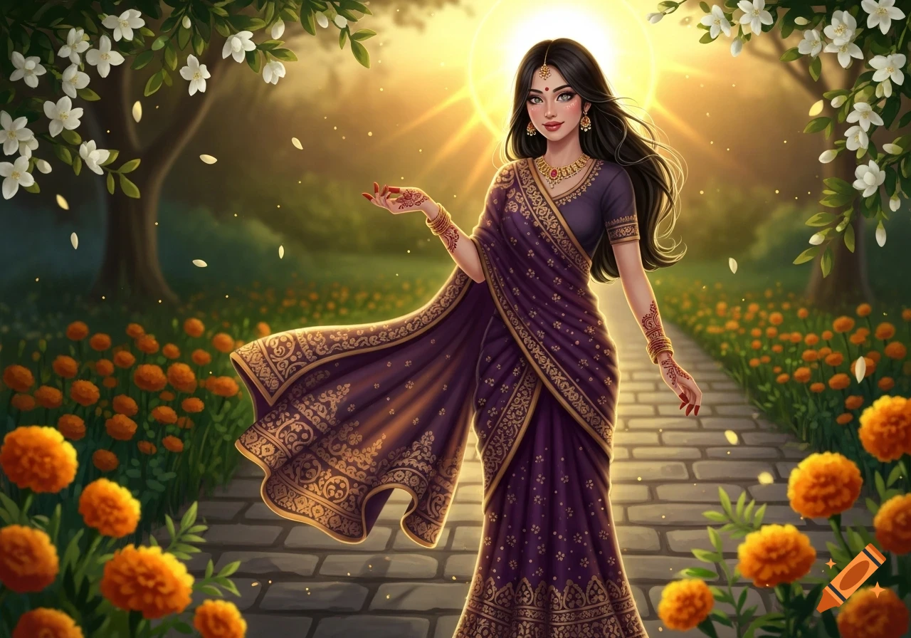 Digital art of an Indian woman in a purple and gold sari, adorned with jewelry, standing on a stone path in a garden with marigolds and white flowers, glowing sun in background.