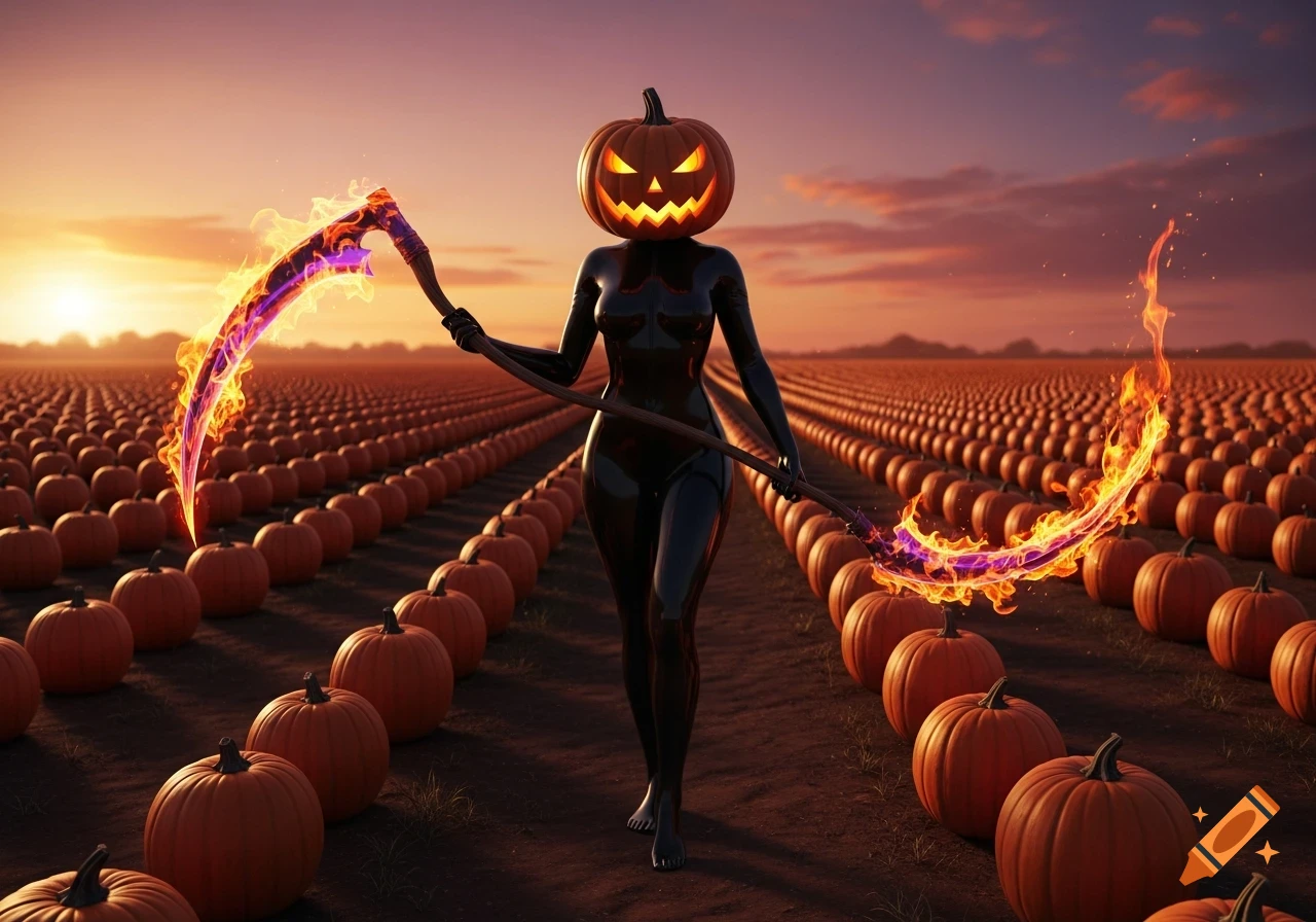 A pumpkin-headed figure in a black latex suit holds a flaming scythe in a vast pumpkin patch at sunset, photorealistic.