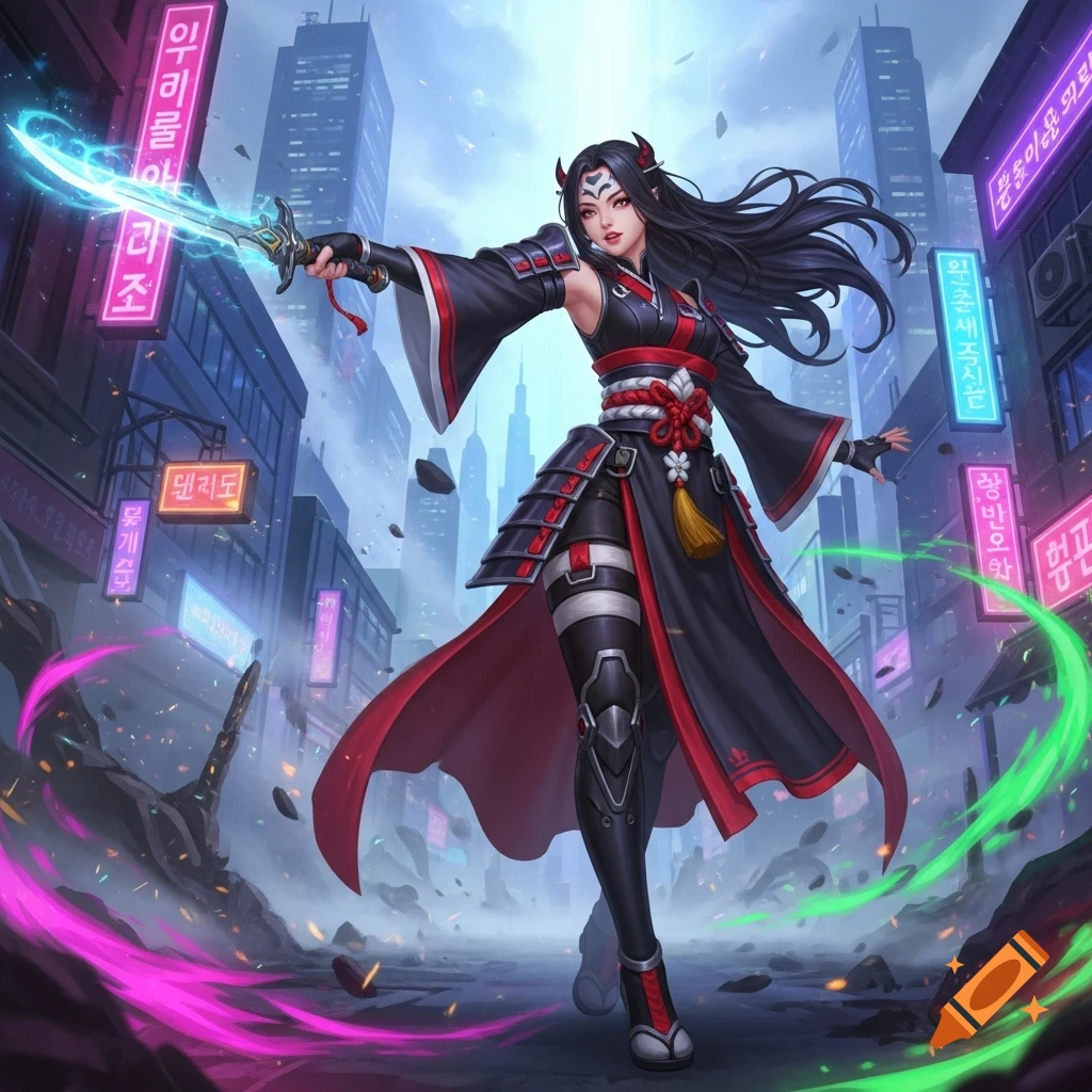 A female warrior with black hair and red horns, wielding a glowing blue ...