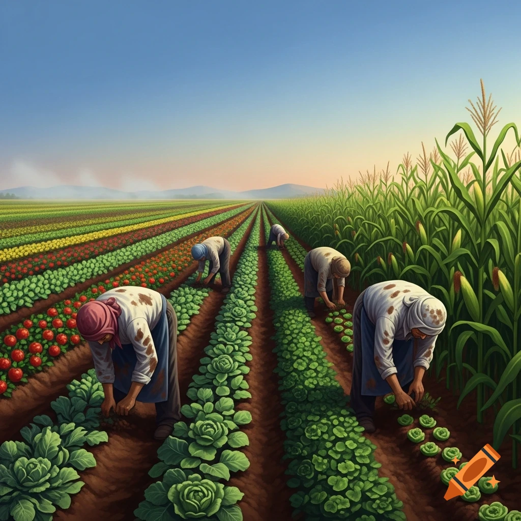 Stylized illustration of workers harvesting diverse crops in vast, colorful farm fields under a clear sky.