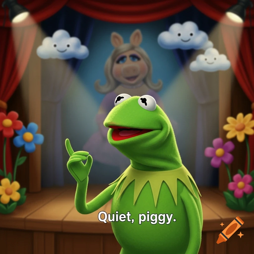 Kermit the Frog on a stage, pointing a finger up, with Miss Piggy blurred in the background, text reads "Quiet, piggy."