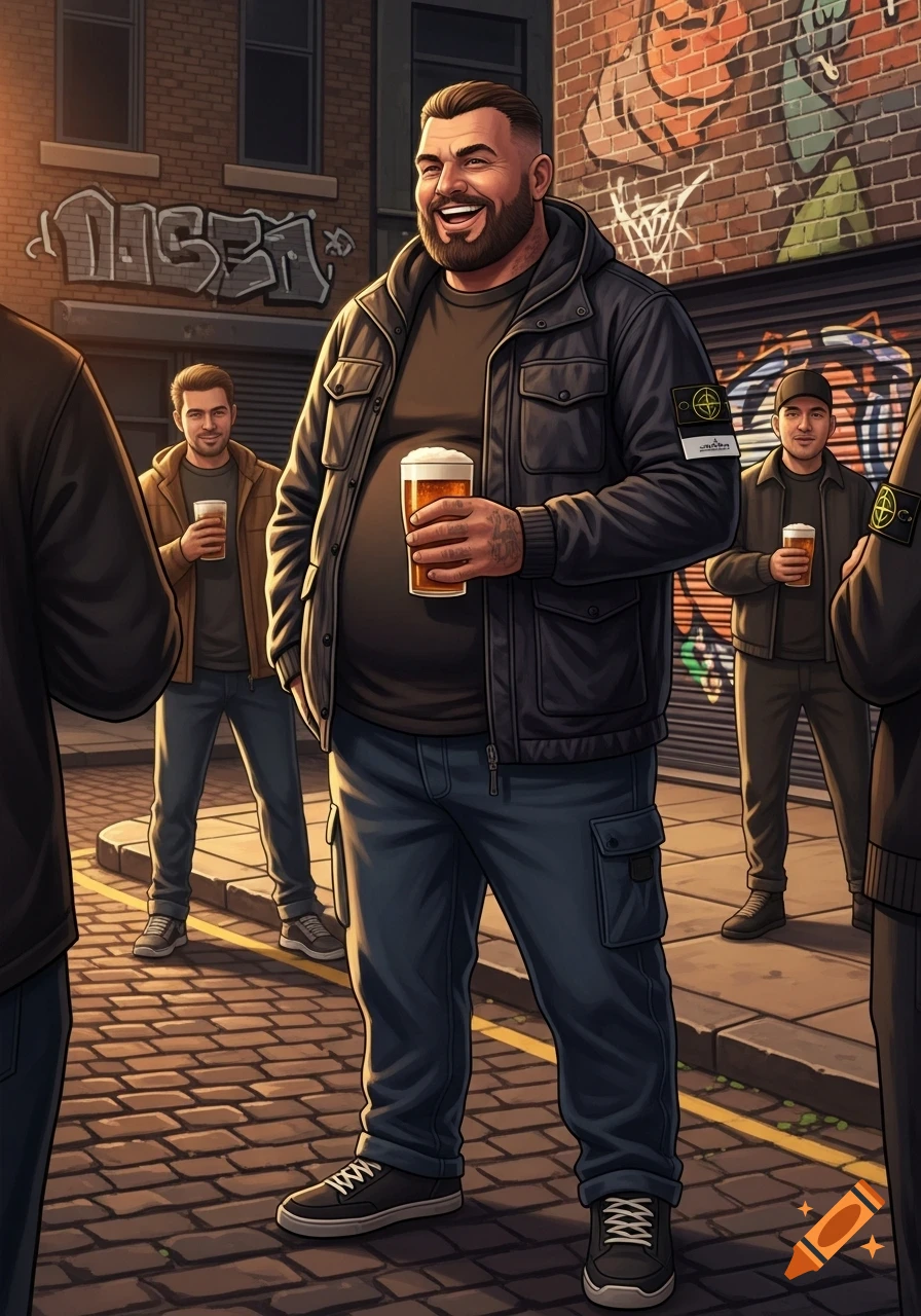 Smiling man in a black jacket and cargo pants holding a beer, surrounded by other men on a cobblestone street with graffiti.