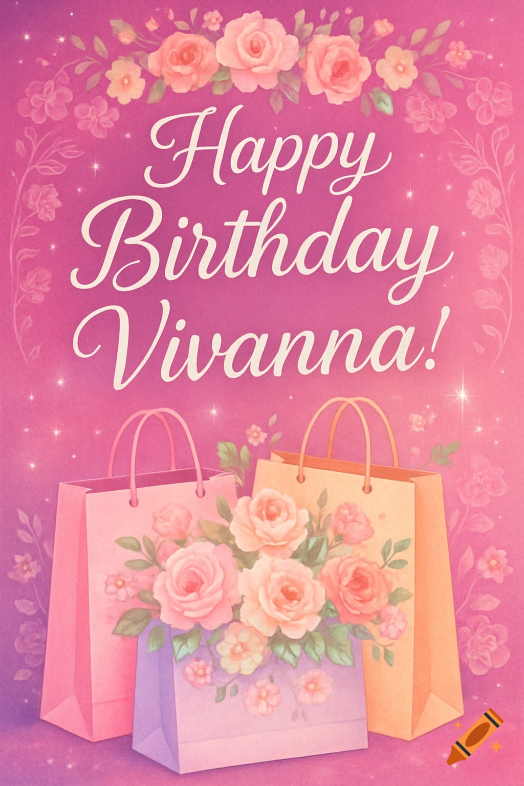 A pink and purple watercolor birthday card for Vivanna, featuring flowers and gift bags.