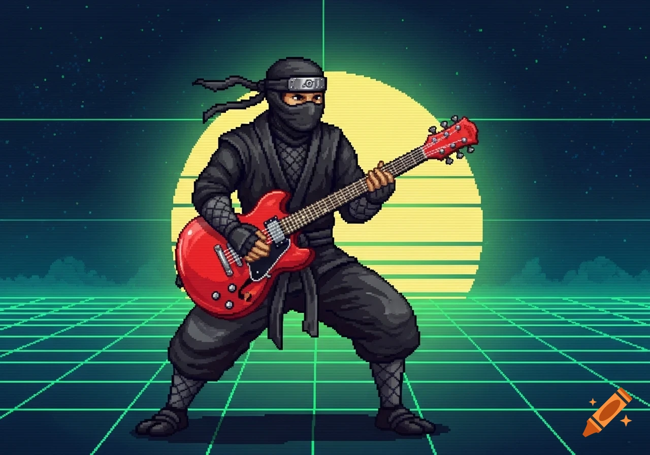 Pixel art of a ninja in black playing a red electric guitar against a retro grid and yellow sun background.