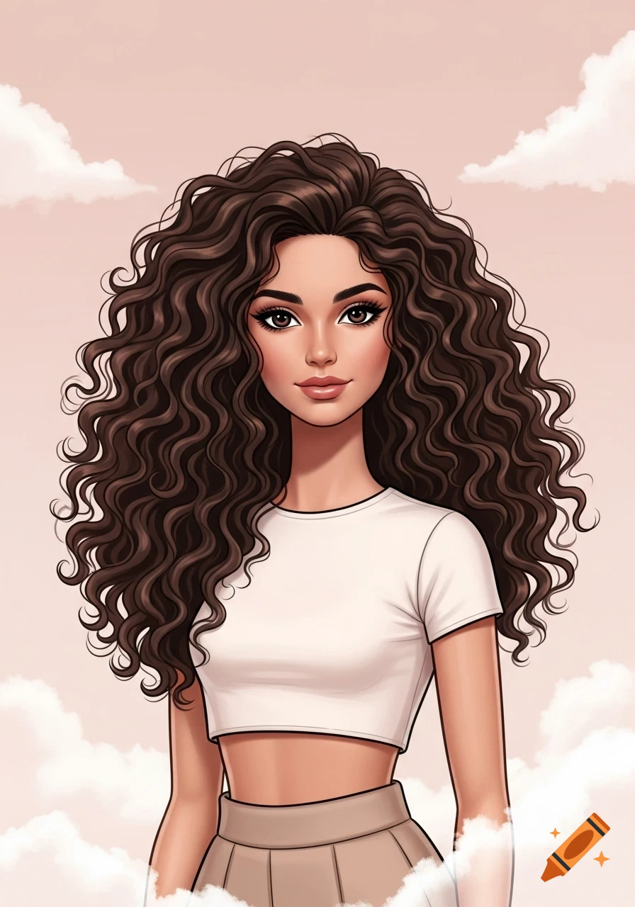 Stylized illustration of a young woman with long, dark brown curly hair in a white crop top and beige skirt against a pink cloudy sky.