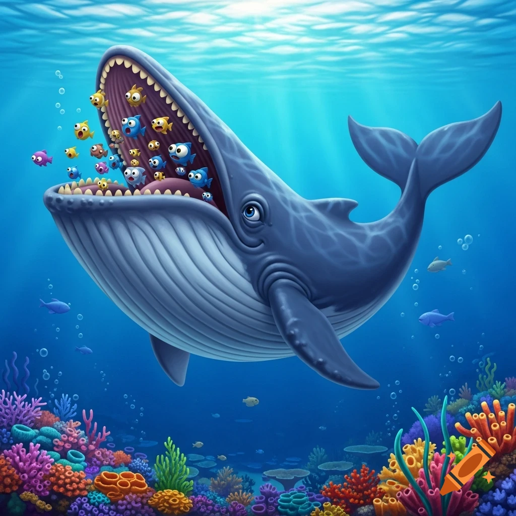 A friendly cartoon whale with its mouth open, vacuuming up small, silly-looking fish in a vibrant blue underwater scene with colorful coral below.