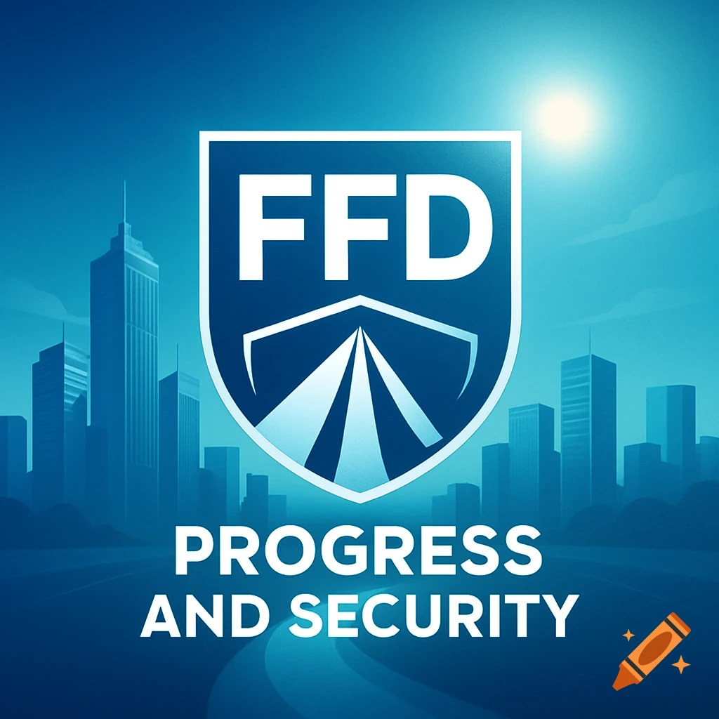 A blue and white shield logo with "FFD" and a road symbol, set against a blue city skyline with a sun. Text reads "PROGRESS AND SECURITY".