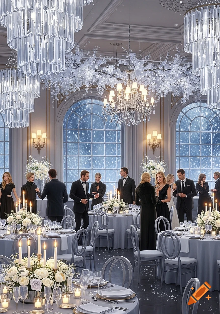 An elegant winter-themed party in a grand event hall, with people dressed in formal attire mingling around tables adorned with white flowers and candles. Large crystal chandeliers hang from the ceiling, and tall arched windows show a snowy scene outside.