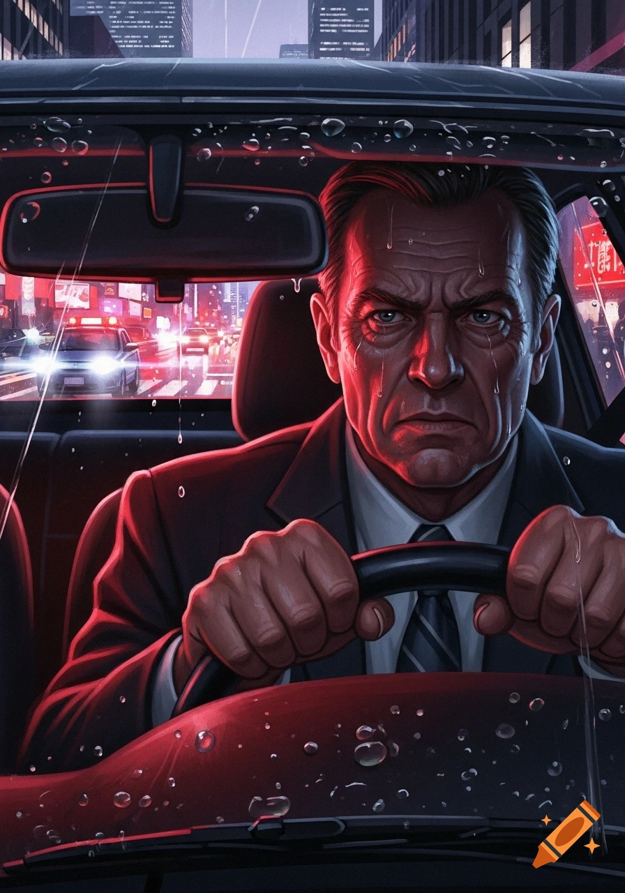 Digital illustration of an angry man driving a car in a rainy city at night, illuminated by red streetlights.