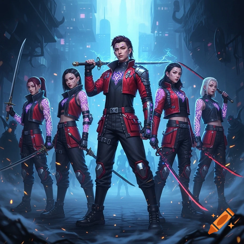 Five stylized warriors in red and black cyberpunk gear stand with glowing swords in a dark, futuristic city.
