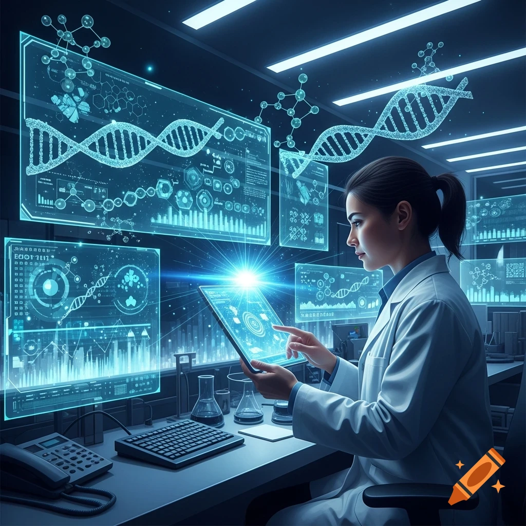 A female scientist in a lab coat interacts with futuristic holographic screens displaying DNA and data in a dark, high-tech lab.