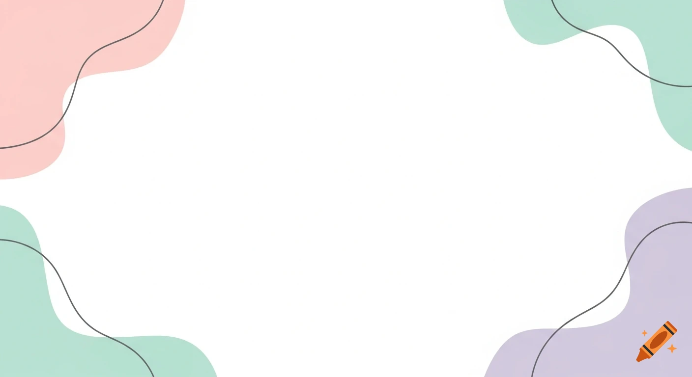 Minimalist background with pastel pink, mint green, and lavender abstract wavy shapes in the corners, outlined by thin dark lines on a white canvas.