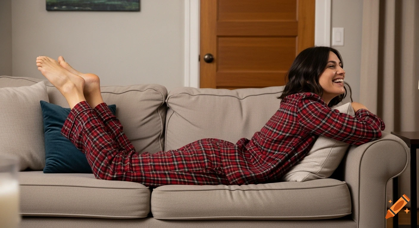 Brunette woman in red plaid pajamas laughing while lying on a gray couch, bare feet up.