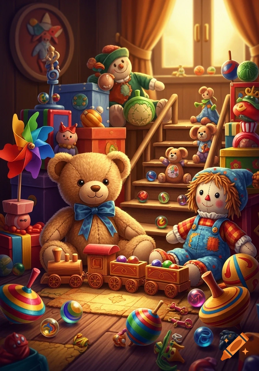 A vibrant illustration of a teddy bear, rag doll, and wooden train surrounded by classic toys on a wooden floor, with stairs and a window.