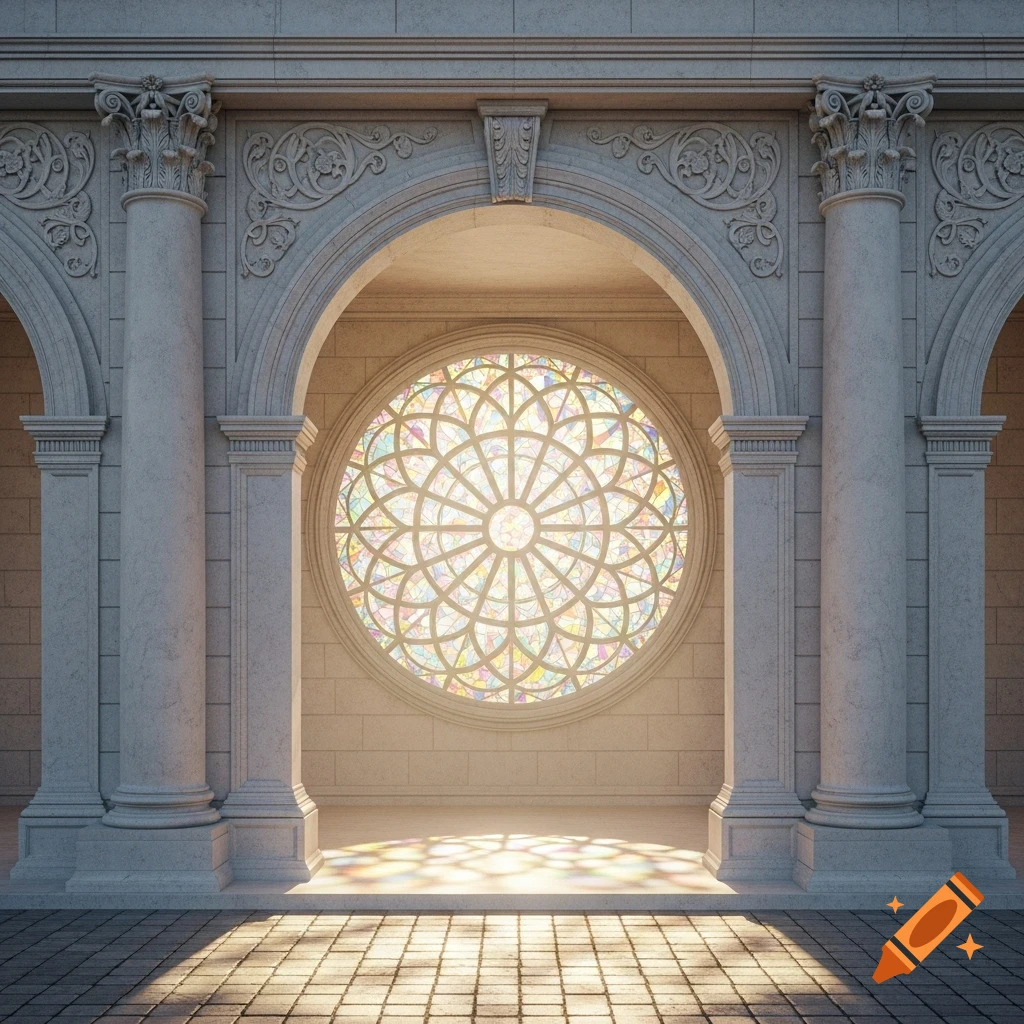 An ornate stone archway with two large columns frames a brightly lit, circular stained glass window, casting colorful patterns on the tiled floor.