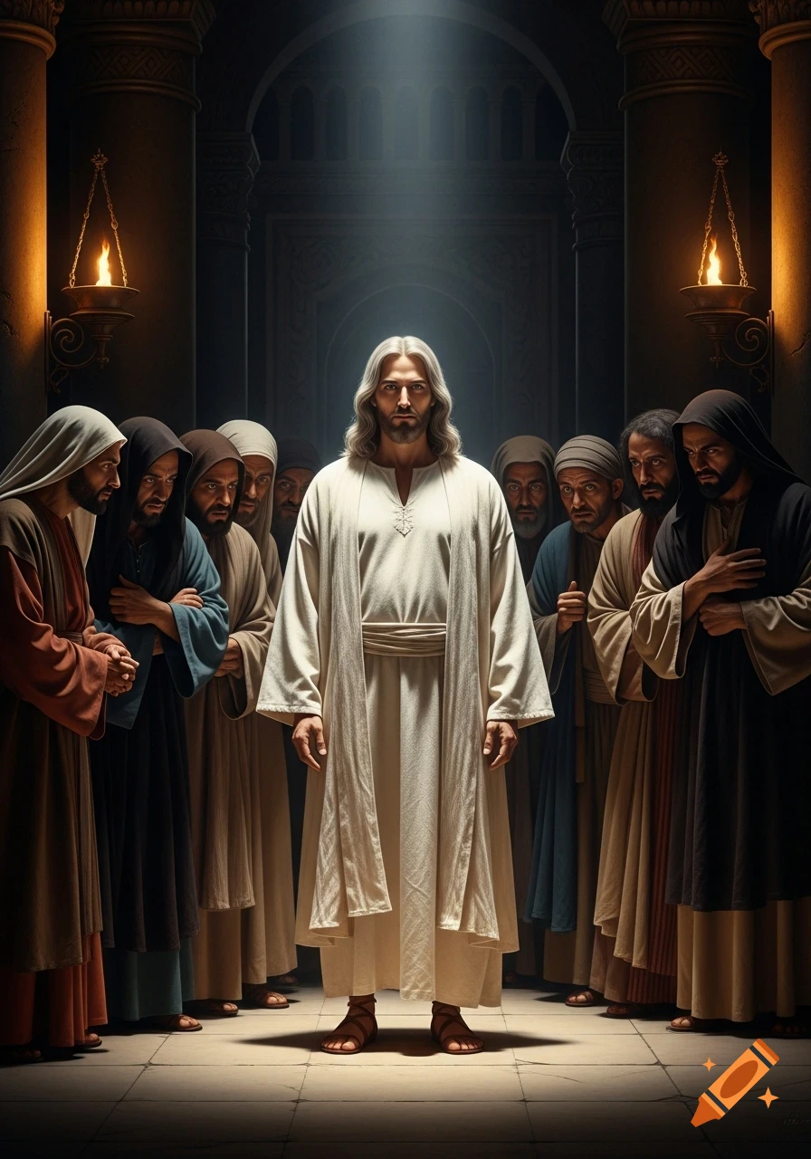 Jesus Christ stands prominently in a dimly lit temple court, bathed in divine light, surrounded by a crowd in shadows.