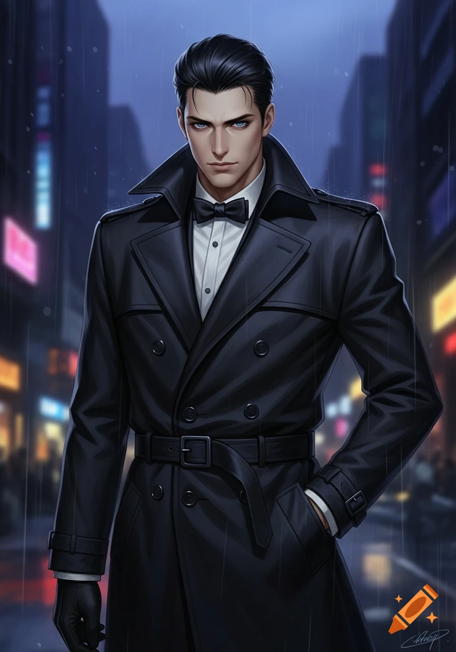 Anime man in a black trench coat and bowtie, with dark hair and blue eyes, standing on a rainy city street at night.