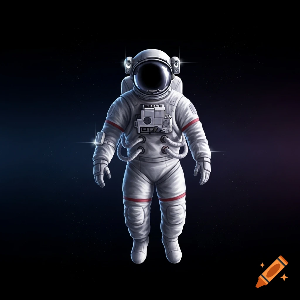 An astronaut in a white suit with red stripes floats against a dark, starry space background.